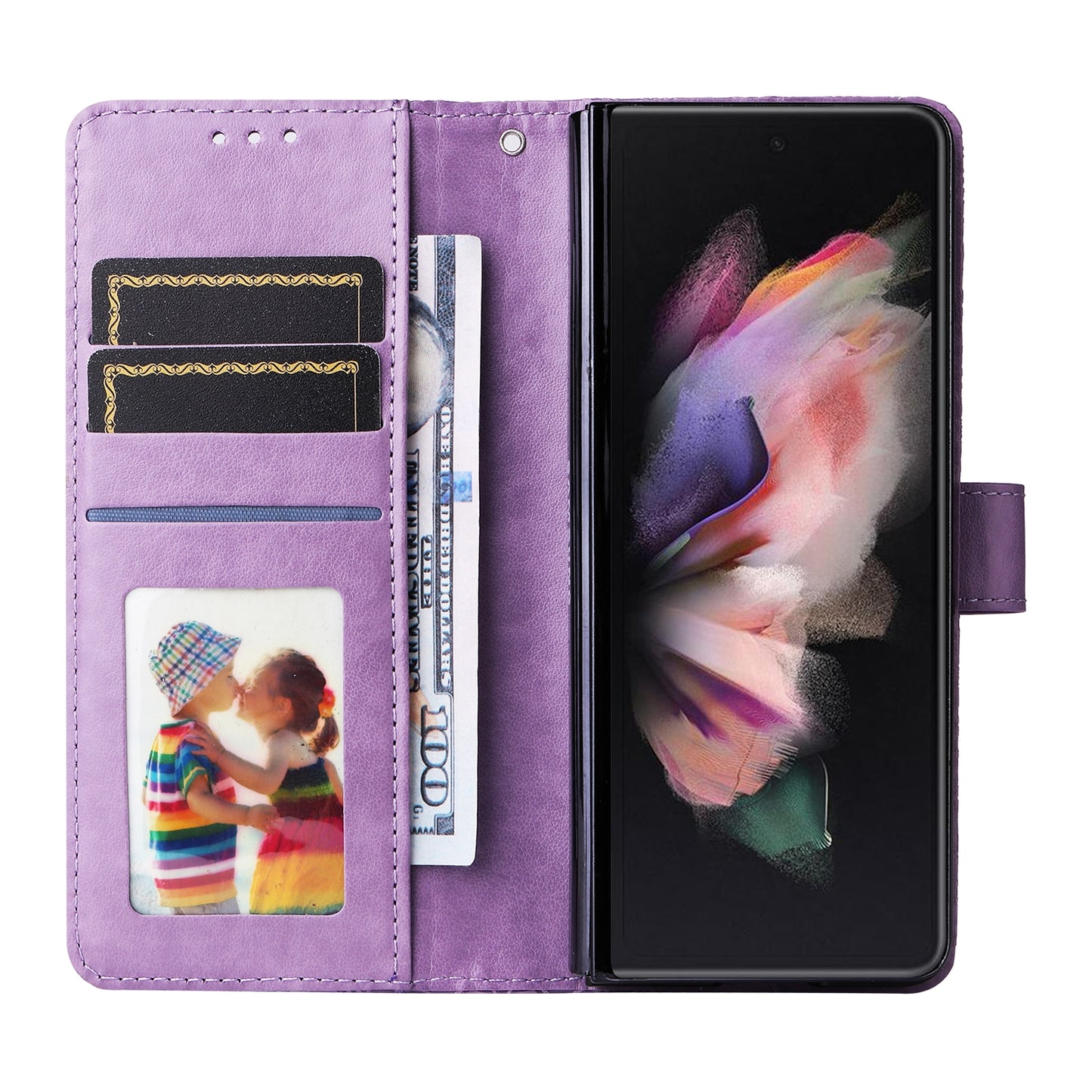 Samsung Galaxy Z Fold3 5G Sunflower Embossed Leather Wallet Phone Case with Kickstand and Card Holder