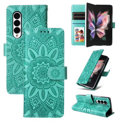 Samsung Galaxy Z Fold3 5G Sunflower Embossed Leather Wallet Phone Case with Kickstand and Card Holder