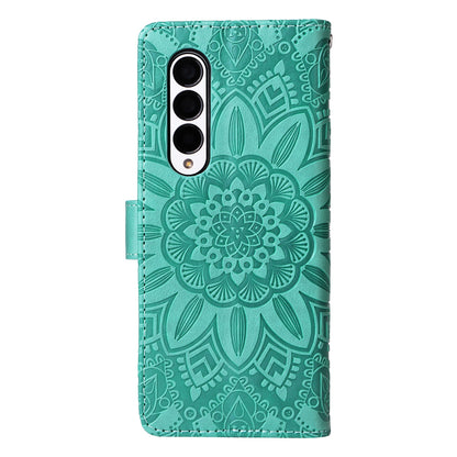 Samsung Galaxy Z Fold3 5G Sunflower Embossed Leather Wallet Phone Case with Kickstand and Card Holder