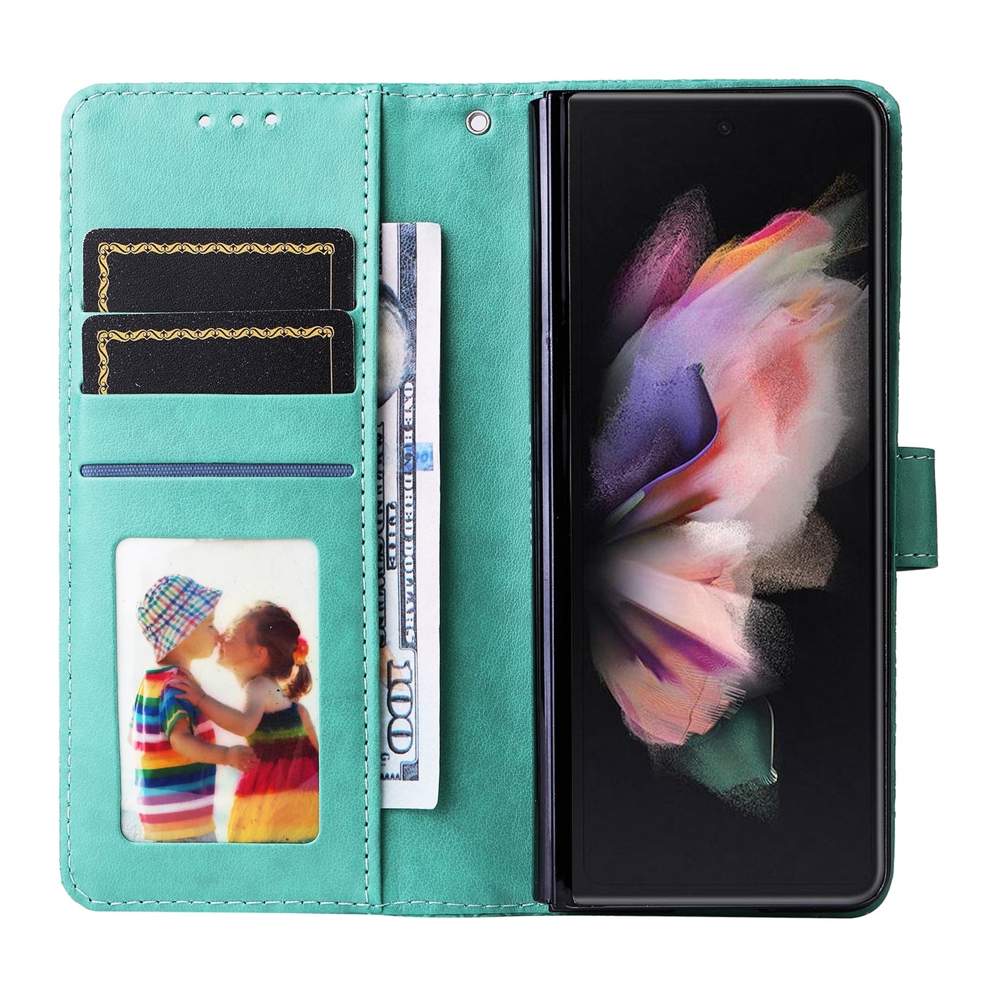 Samsung Galaxy Z Fold3 5G Sunflower Embossed Leather Wallet Phone Case with Kickstand and Card Holder