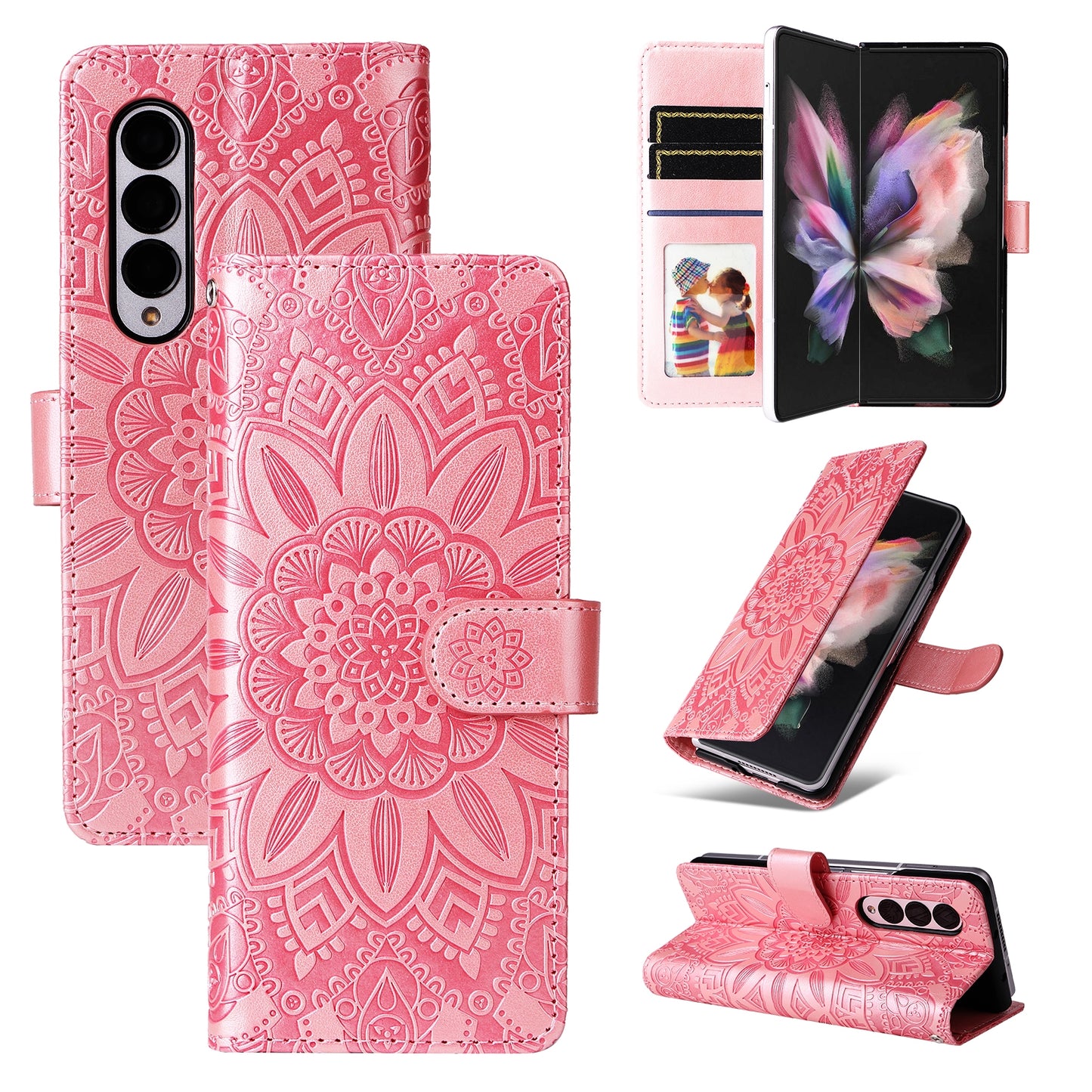 Samsung Galaxy Z Fold3 5G Sunflower Embossed Leather Wallet Phone Case with Kickstand and Card Holder