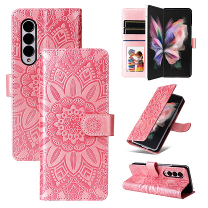 Samsung Galaxy Z Fold3 5G Sunflower Embossed Leather Wallet Phone Case with Kickstand and Card Holder