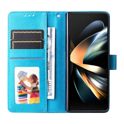 Samsung Galaxy Z Fold4 5G Sunflower Embossed Leather Wallet Phone Case with Kickstand and Card Holder