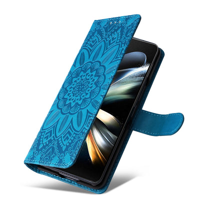 Samsung Galaxy Z Fold4 5G Sunflower Embossed Leather Wallet Phone Case with Kickstand and Card Holder