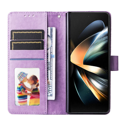 Samsung Galaxy Z Fold4 5G Sunflower Embossed Leather Wallet Phone Case with Kickstand and Card Holder