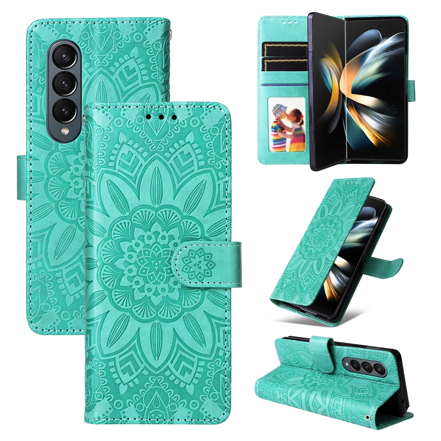 Samsung Galaxy Z Fold4 5G Sunflower Embossed Leather Wallet Phone Case with Kickstand and Card Holder