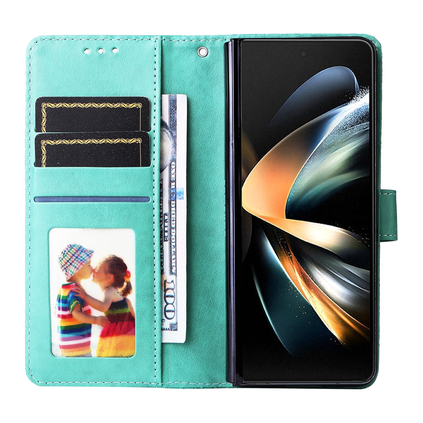 Samsung Galaxy Z Fold4 5G Sunflower Embossed Leather Wallet Phone Case with Kickstand and Card Holder