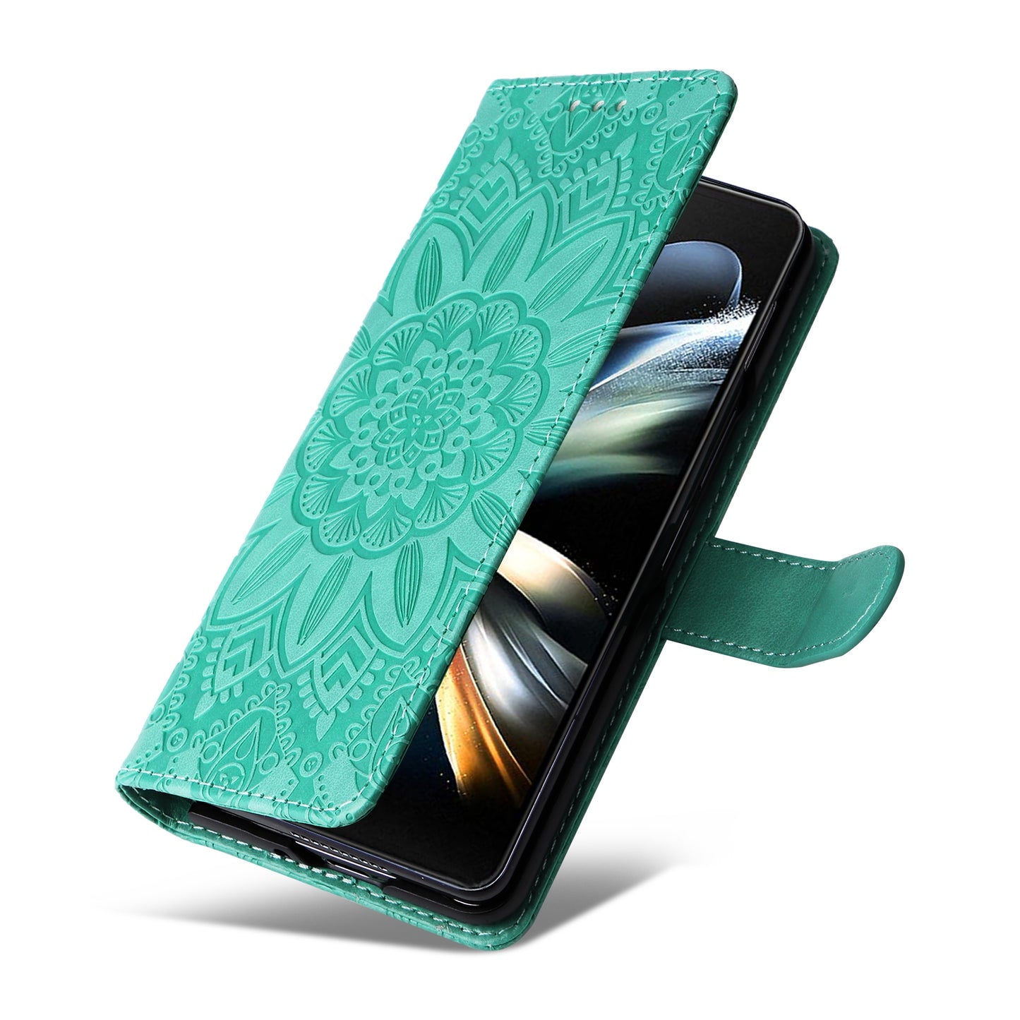 Samsung Galaxy Z Fold4 5G Sunflower Embossed Leather Wallet Phone Case with Kickstand and Card Holder