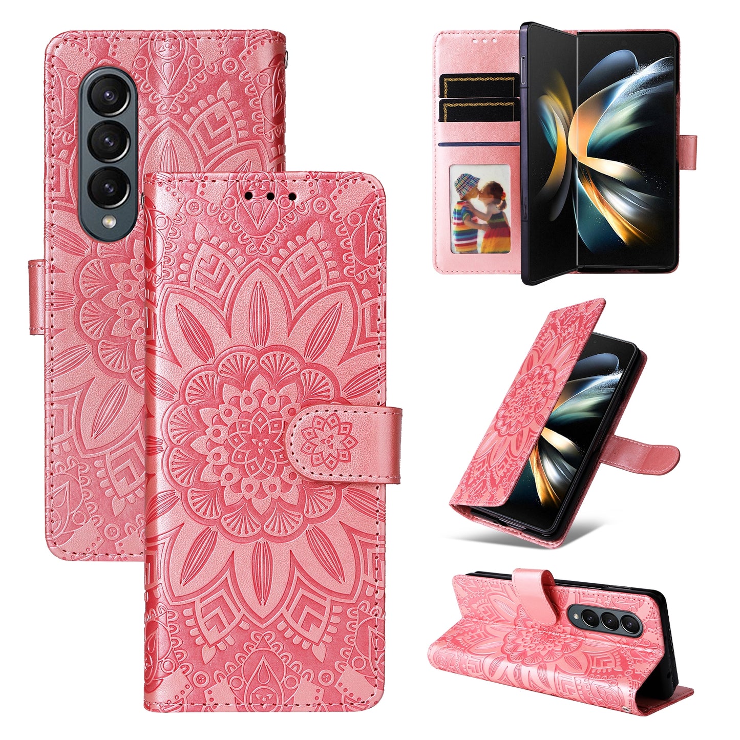 Samsung Galaxy Z Fold4 5G Sunflower Embossed Leather Wallet Phone Case with Kickstand and Card Holder