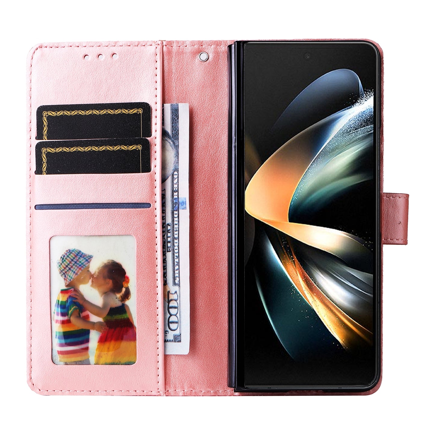 Samsung Galaxy Z Fold4 5G Sunflower Embossed Leather Wallet Phone Case with Kickstand and Card Holder