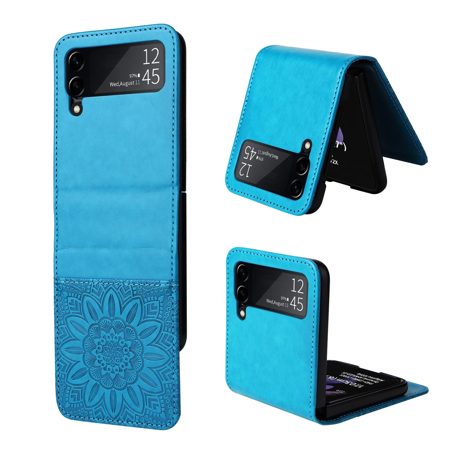 Samsung Galaxy Z Flip3 5G Sunflower Embossed Leather Wallet Phone Case with Kickstand and Card Holder