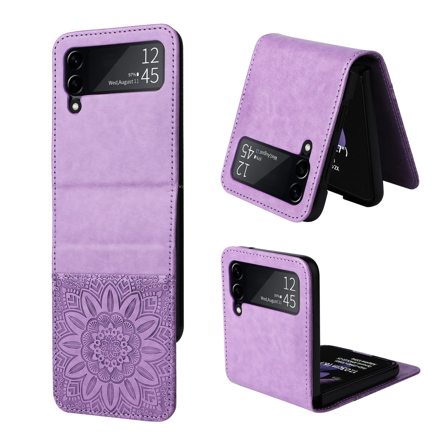 Samsung Galaxy Z Flip3 5G Sunflower Embossed Leather Wallet Phone Case with Kickstand and Card Holder