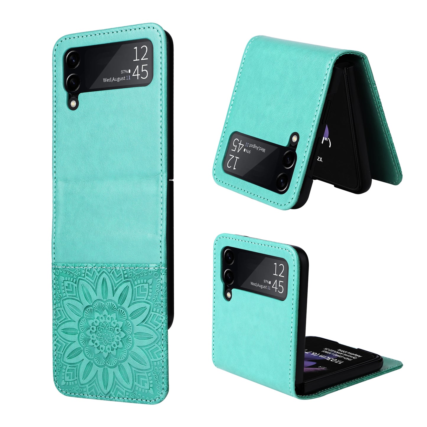 Samsung Galaxy Z Flip3 5G Sunflower Embossed Leather Wallet Phone Case with Kickstand and Card Holder