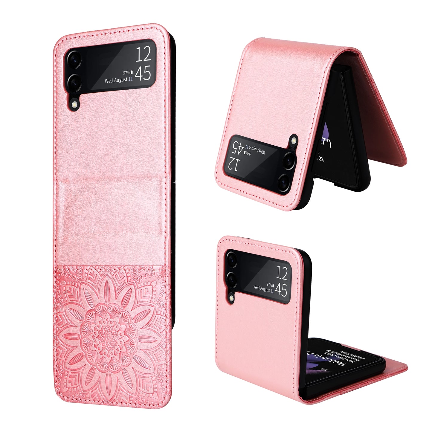 Samsung Galaxy Z Flip3 5G Sunflower Embossed Leather Wallet Phone Case with Kickstand and Card Holder