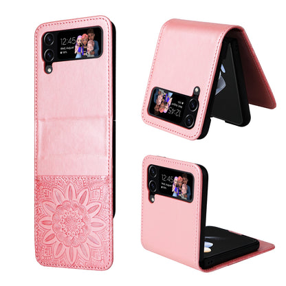 Samsung Galaxy Z Flip4 5G Sunflower Embossed Leather Wallet Phone Case with Kickstand and Card Holder