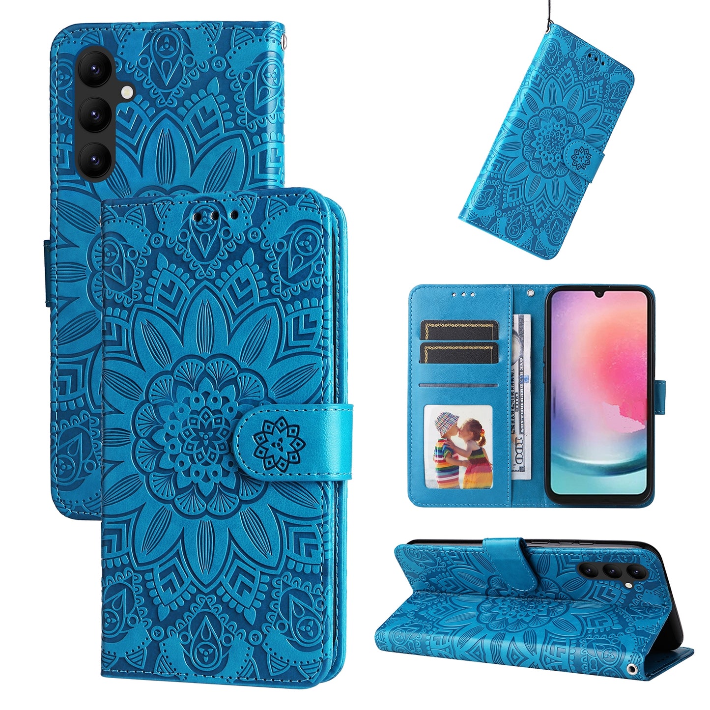 Samsung Galaxy A24 4G Sunflower Embossed Leather Wallet Phone Case with Kickstand and Card Holder