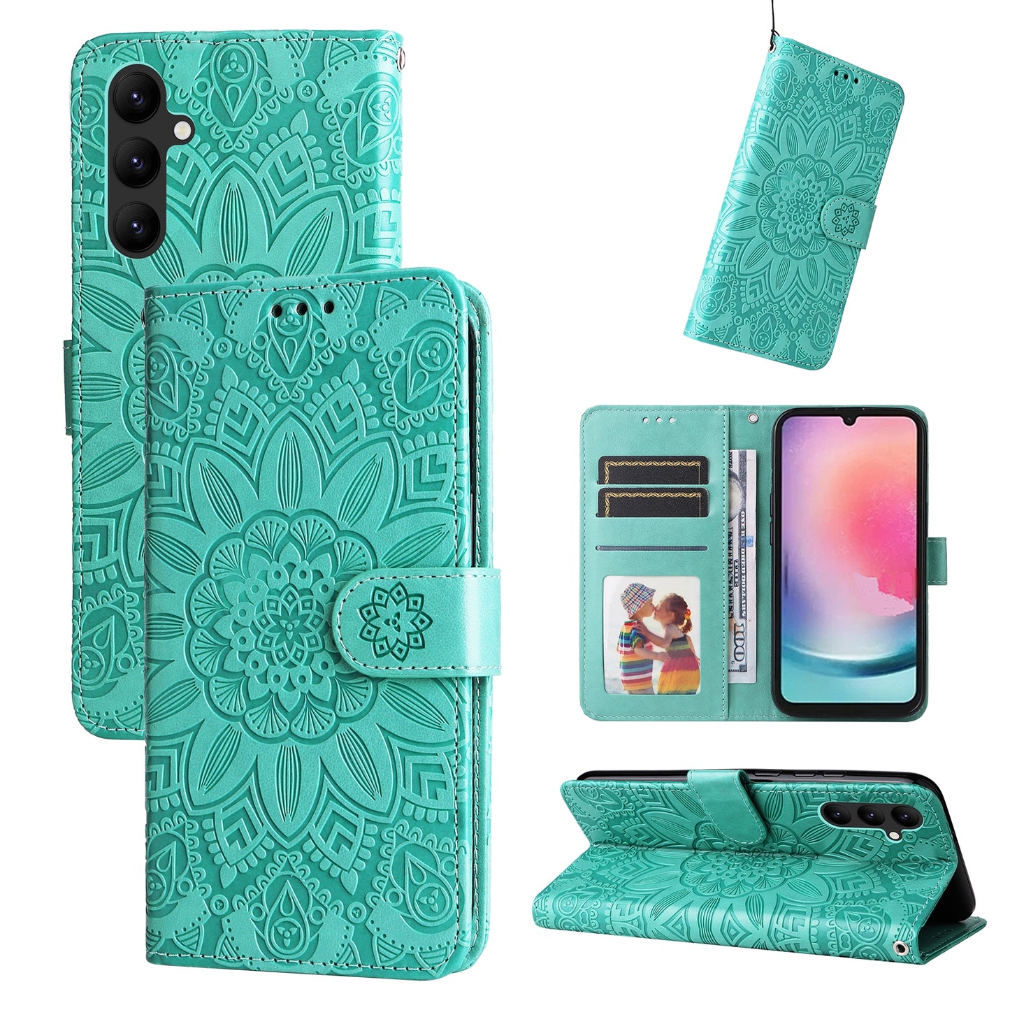 Samsung Galaxy A24 4G Sunflower Embossed Leather Wallet Phone Case with Kickstand and Card Holder