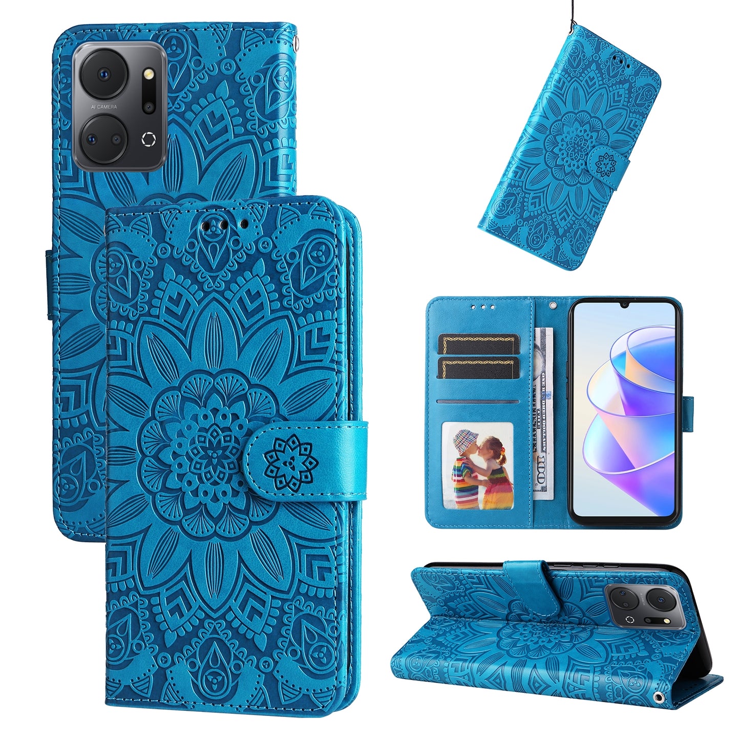 Honor X7a Sunflower Embossed Leather Wallet Phone Case with Kickstand and Card Holder