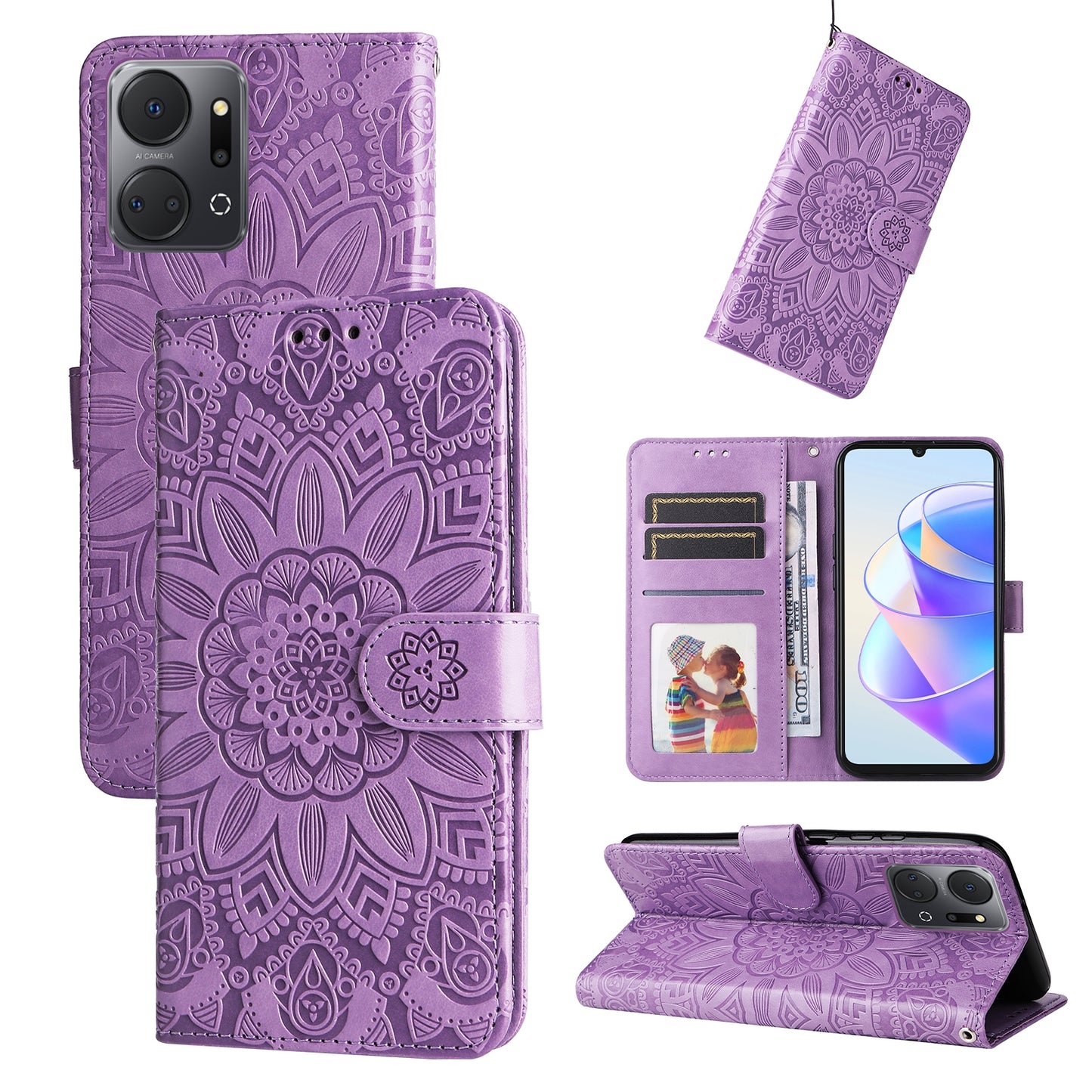 Honor X7a Sunflower Embossed Leather Wallet Phone Case with Kickstand and Card Holder