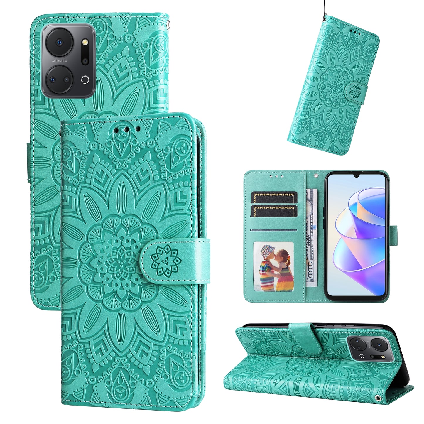 Honor X7a Sunflower Embossed Leather Wallet Phone Case with Kickstand and Card Holder