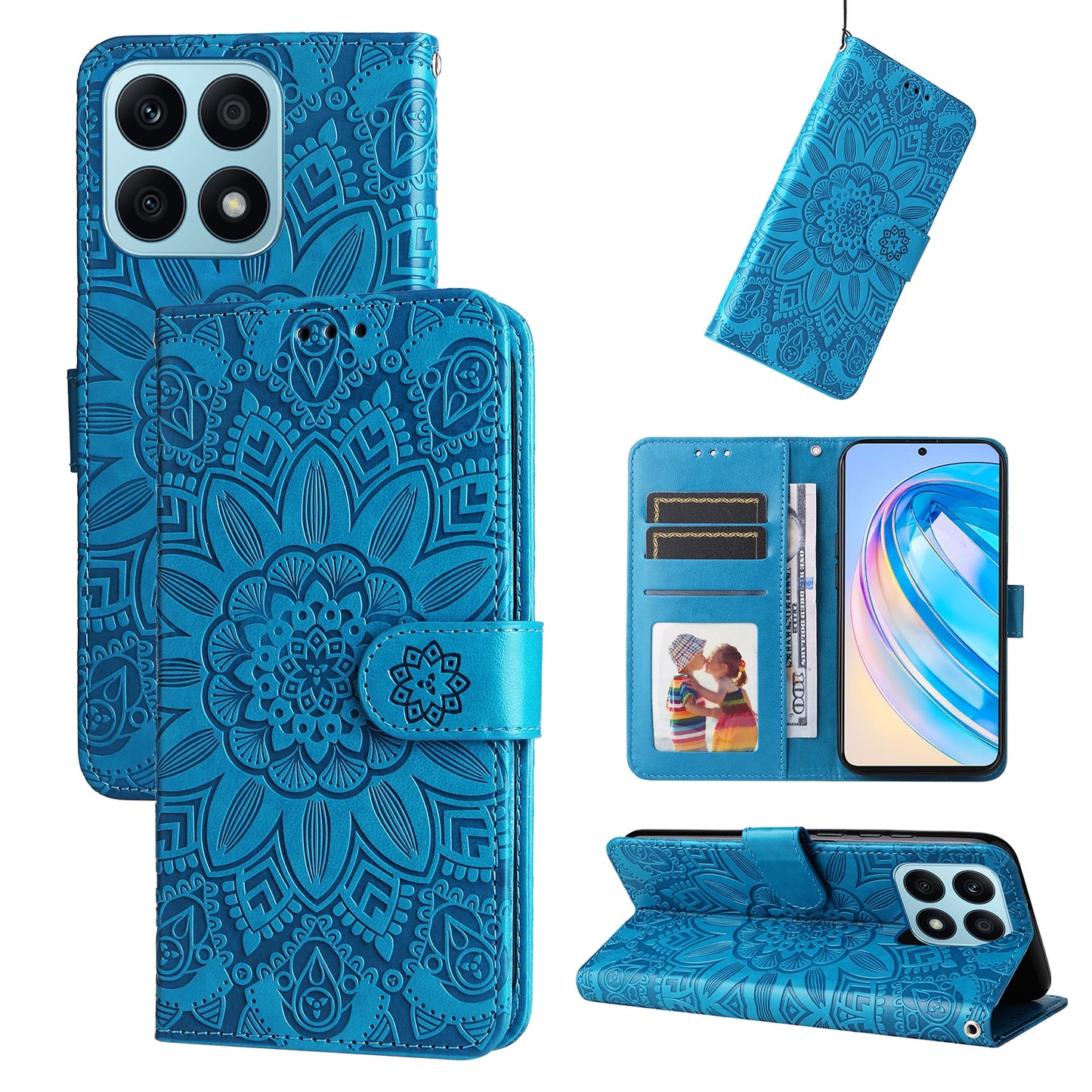 Honor X8a Sunflower Embossed Leather Wallet Phone Case with Kickstand and Card Holder