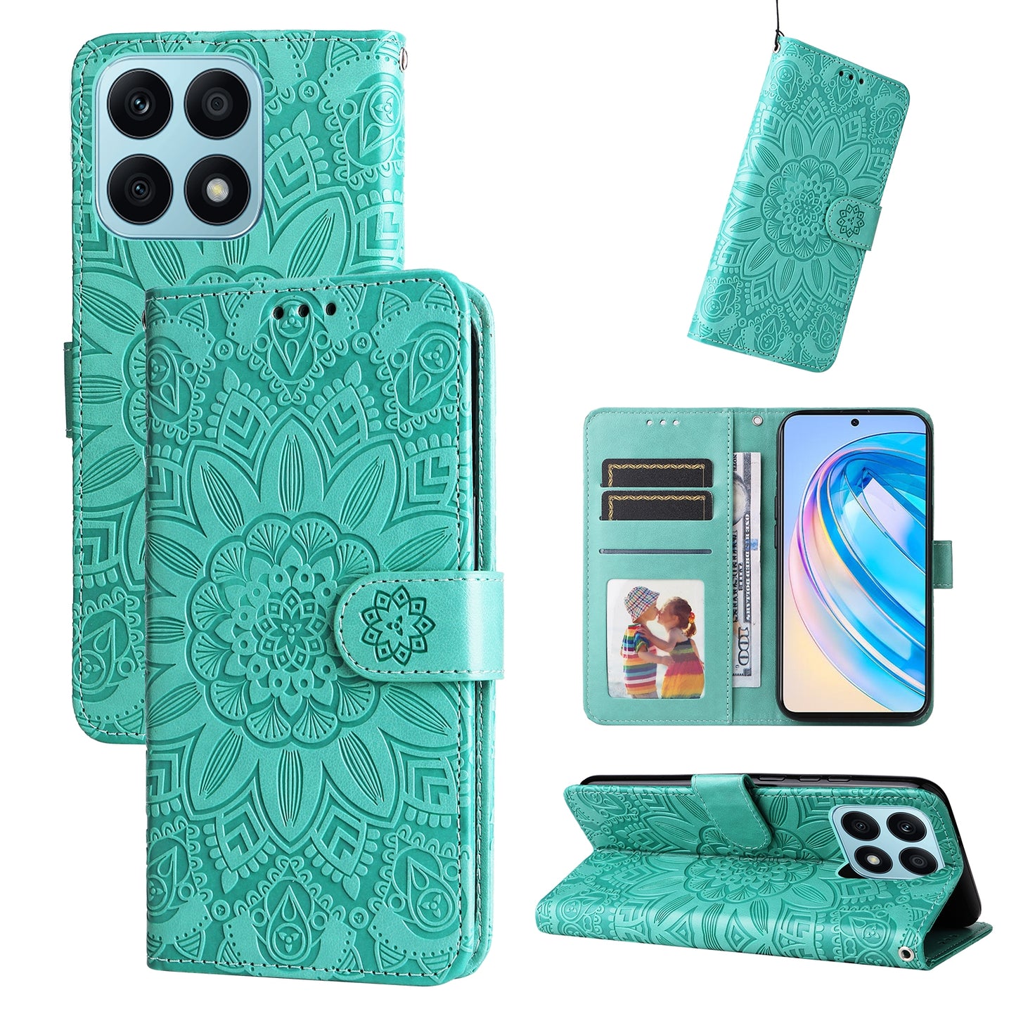 Honor X8a Sunflower Embossed Leather Wallet Phone Case with Kickstand and Card Holder