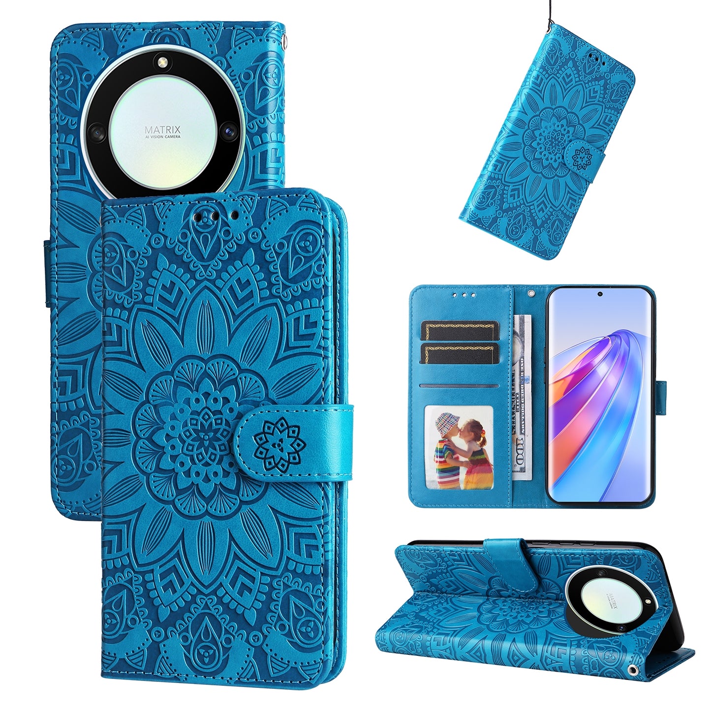 Honor X9a Sunflower Embossed Leather Wallet Phone Case with Kickstand and Card Holder