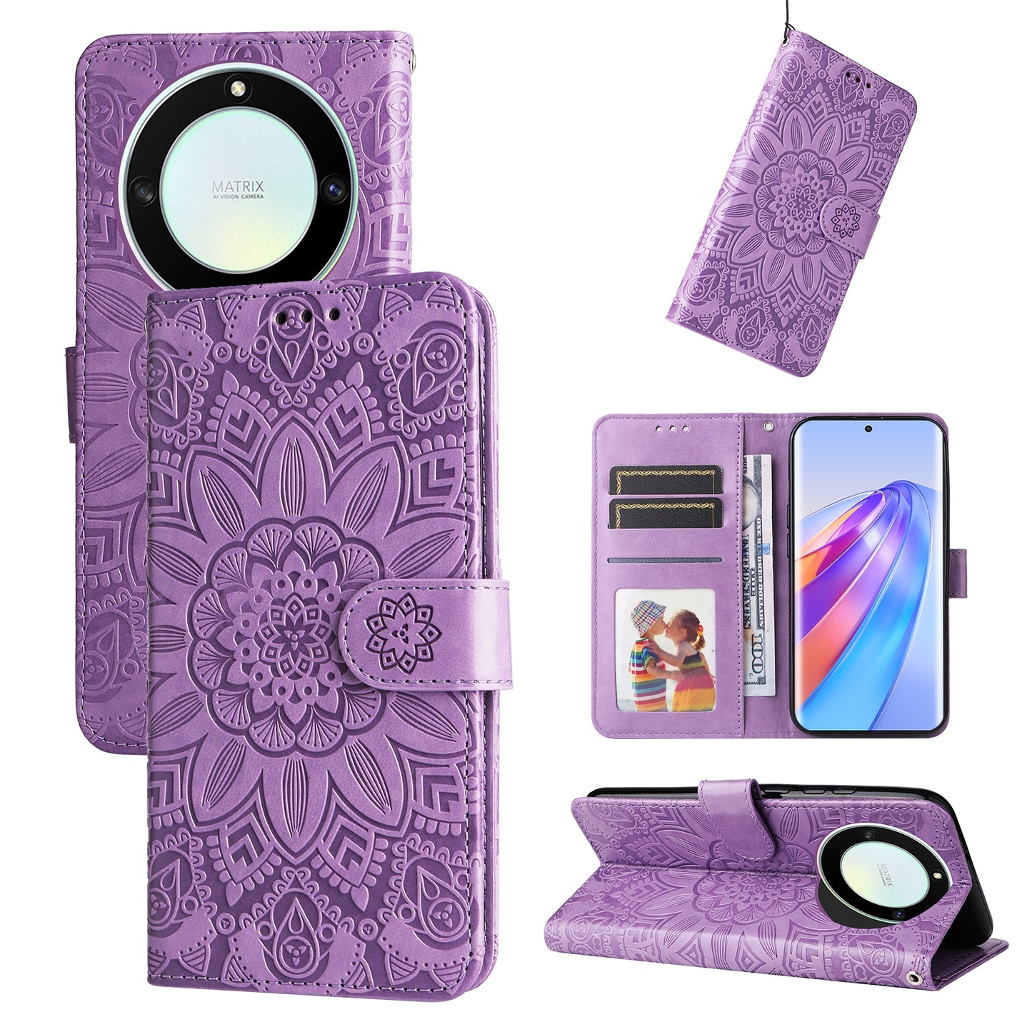 Honor Magic5 Lite Sunflower Embossed Leather Wallet Phone Case with Kickstand and Card Holder