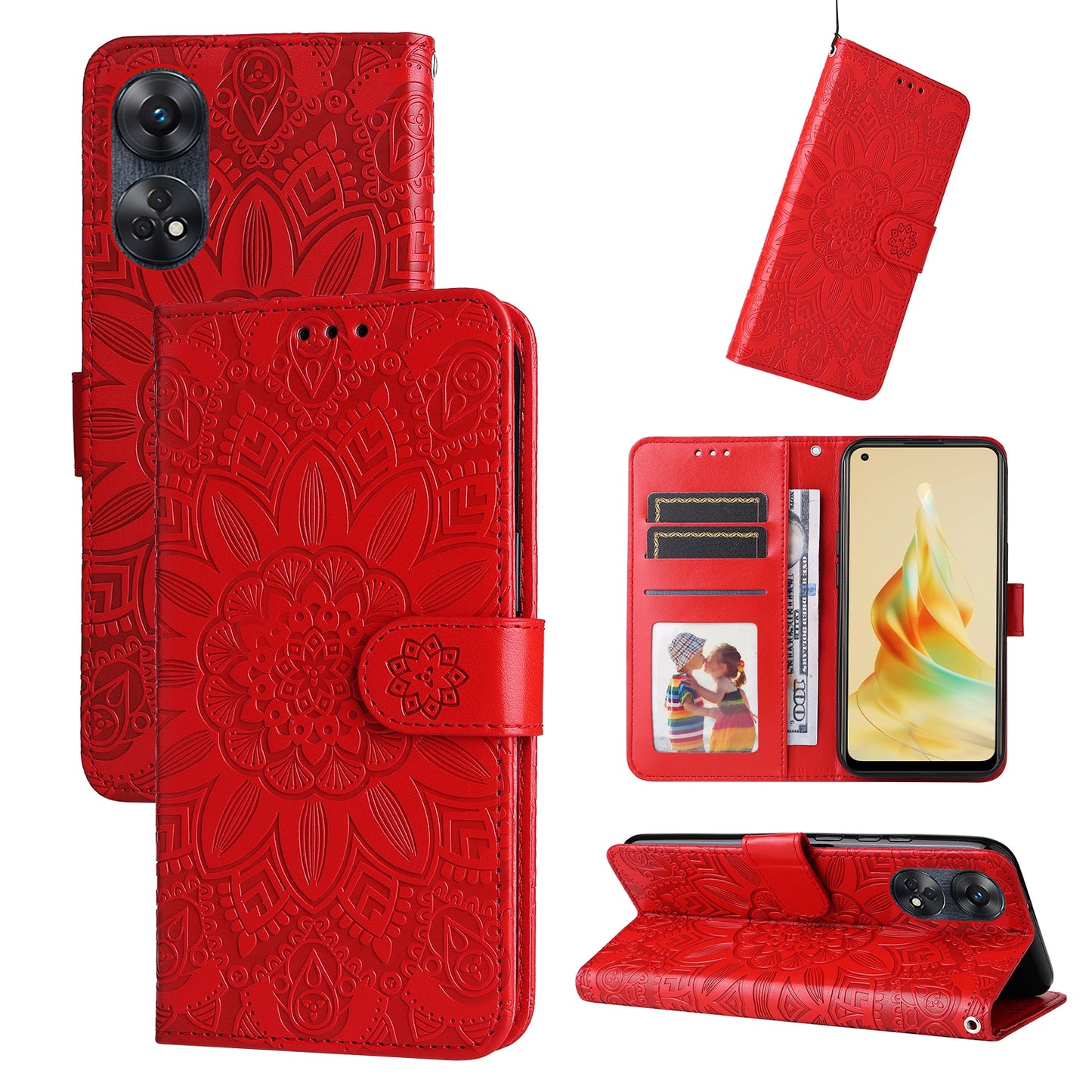 OPPO Reno8 T 4G Sunflower Embossed Leather Wallet Phone Case with Kickstand and Card Holder