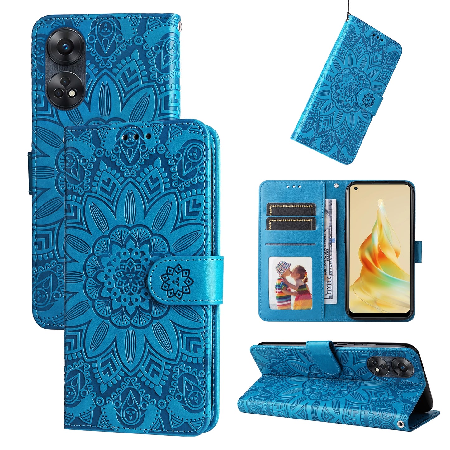 OPPO Reno8 T 4G Sunflower Embossed Leather Wallet Phone Case with Kickstand and Card Holder