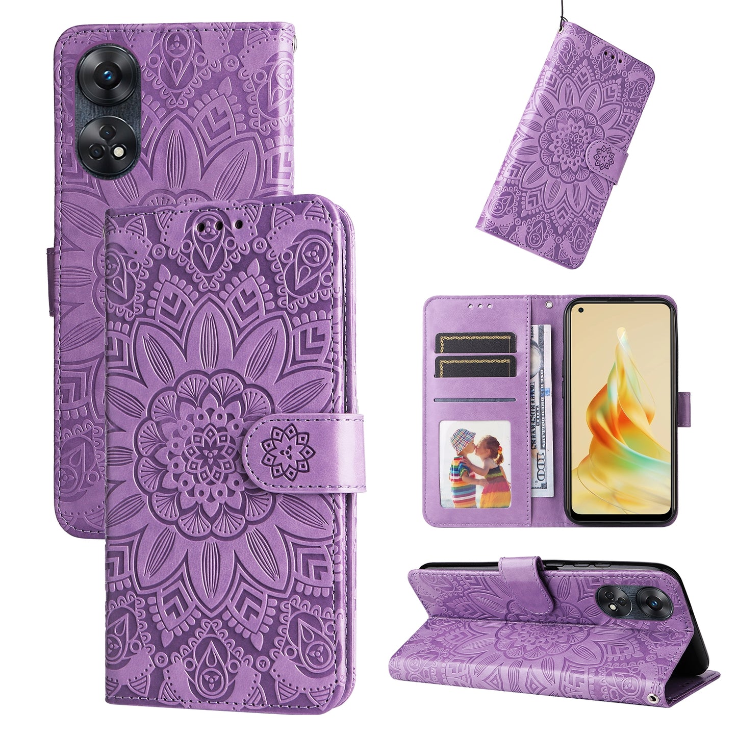 OPPO Reno8 T 4G Sunflower Embossed Leather Wallet Phone Case with Kickstand and Card Holder