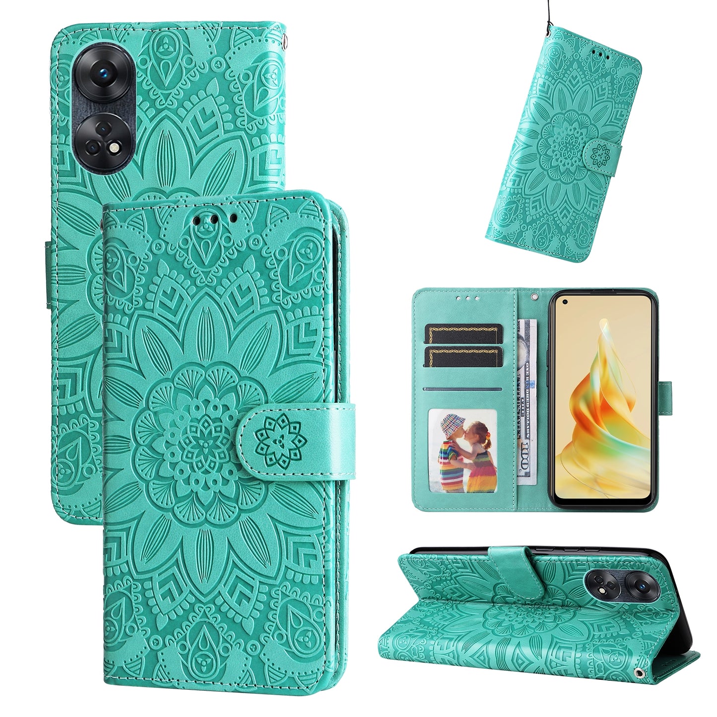 OPPO Reno8 T 4G Sunflower Embossed Leather Wallet Phone Case with Kickstand and Card Holder