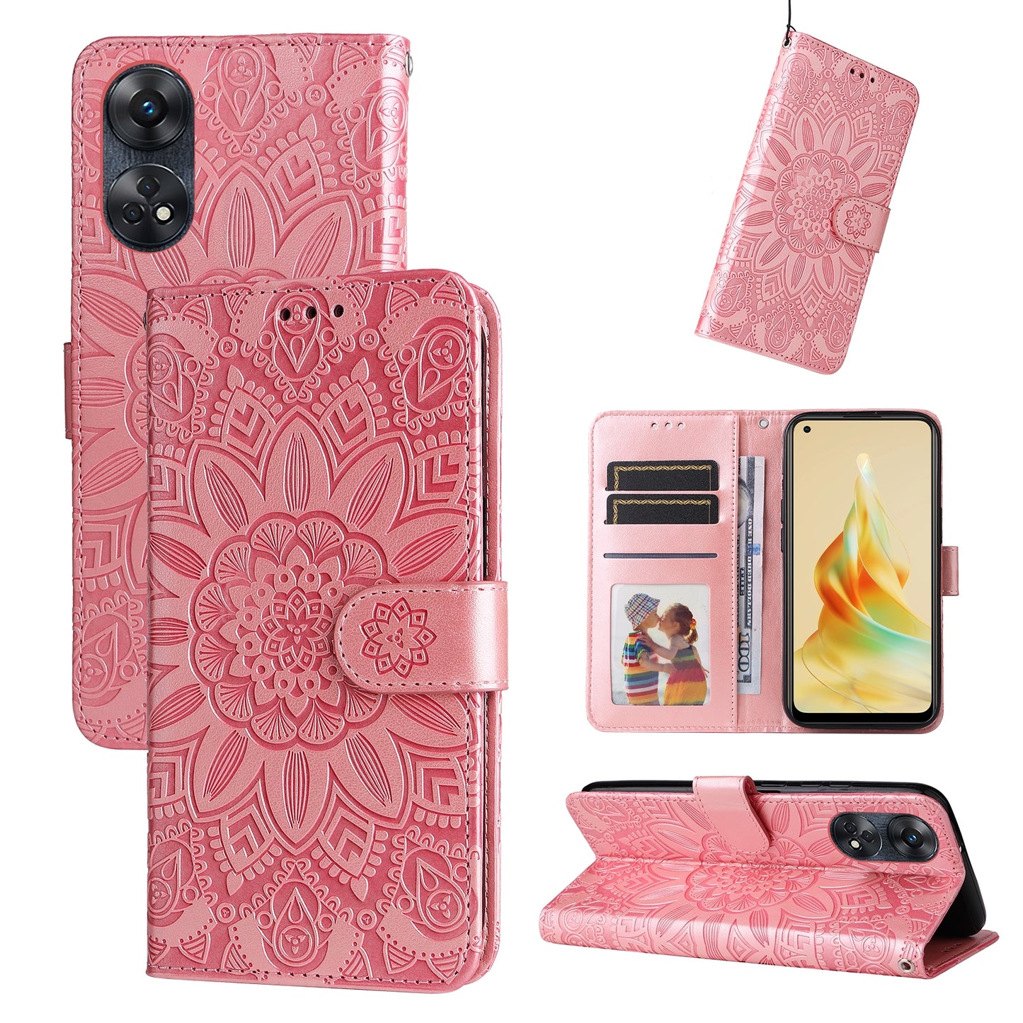 OPPO Reno8 T 4G Sunflower Embossed Leather Wallet Phone Case with Kickstand and Card Holder