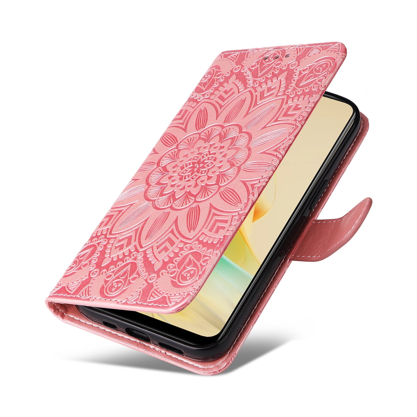 OPPO Reno8 T 4G Sunflower Embossed Leather Wallet Phone Case with Kickstand and Card Holder
