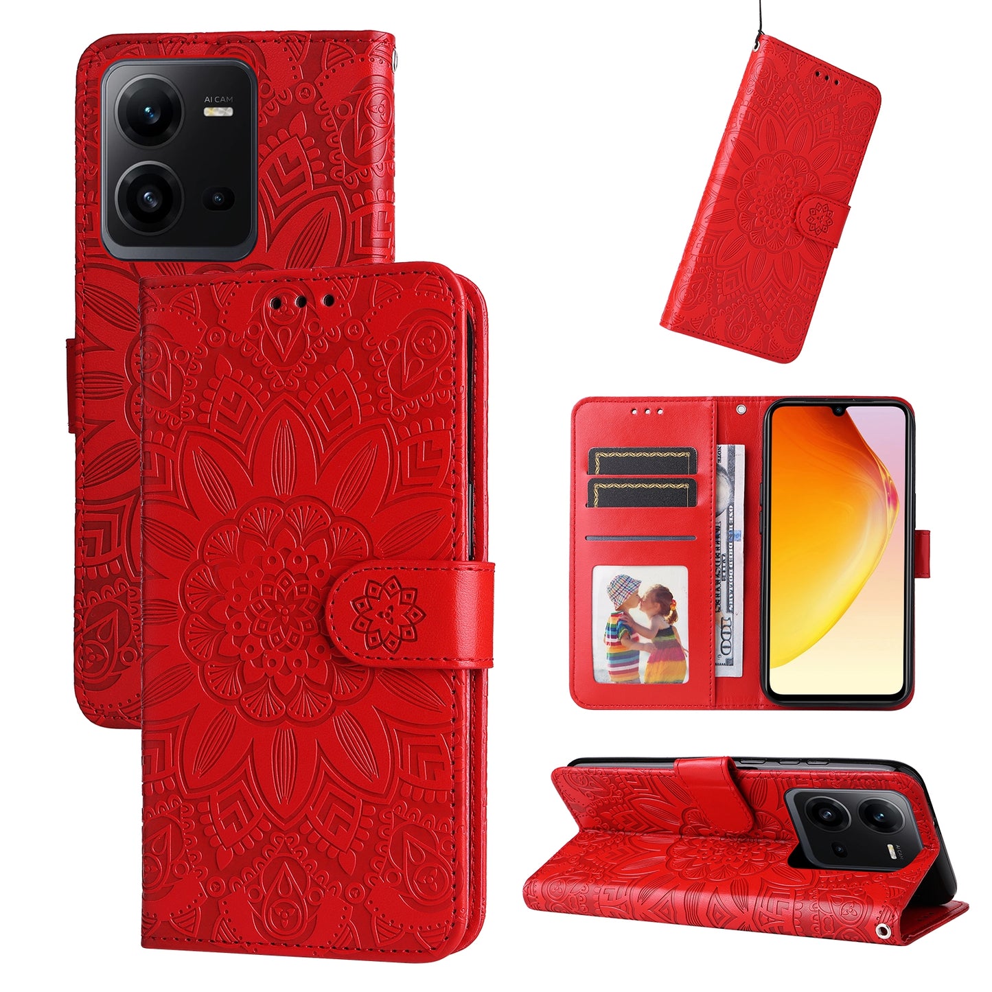 vivo V25 5G Sunflower Embossed Leather Wallet Phone Case with Kickstand and Card Holder