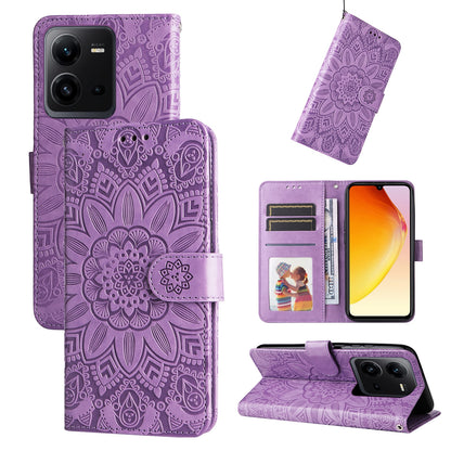 vivo V25 5G Sunflower Embossed Leather Wallet Phone Case with Kickstand and Card Holder