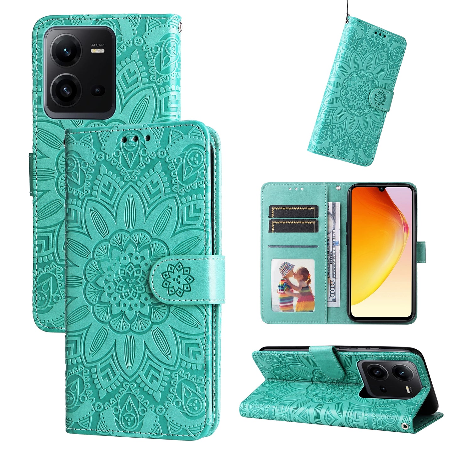 vivo V25 5G Sunflower Embossed Leather Wallet Phone Case with Kickstand and Card Holder