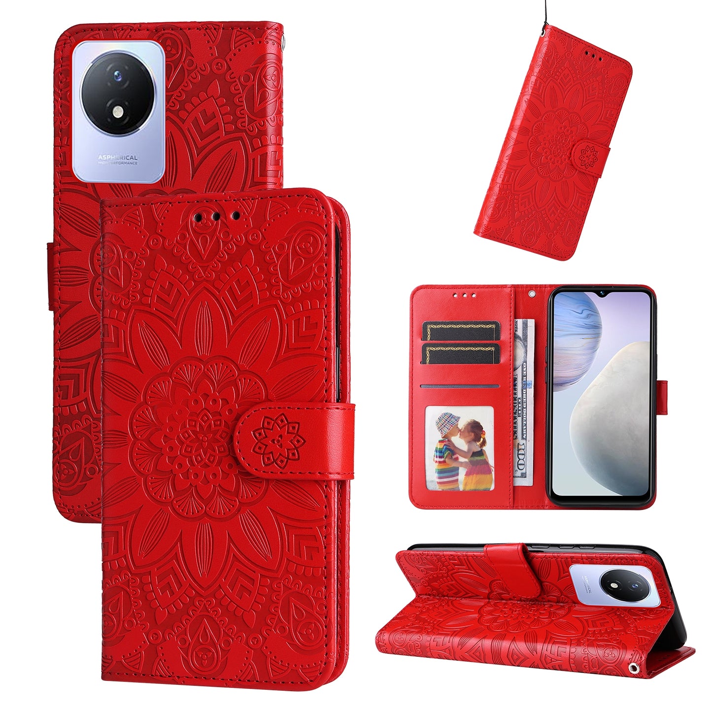 vivo Y02 4G Sunflower Embossed Leather Wallet Phone Case with Kickstand and Card Holder