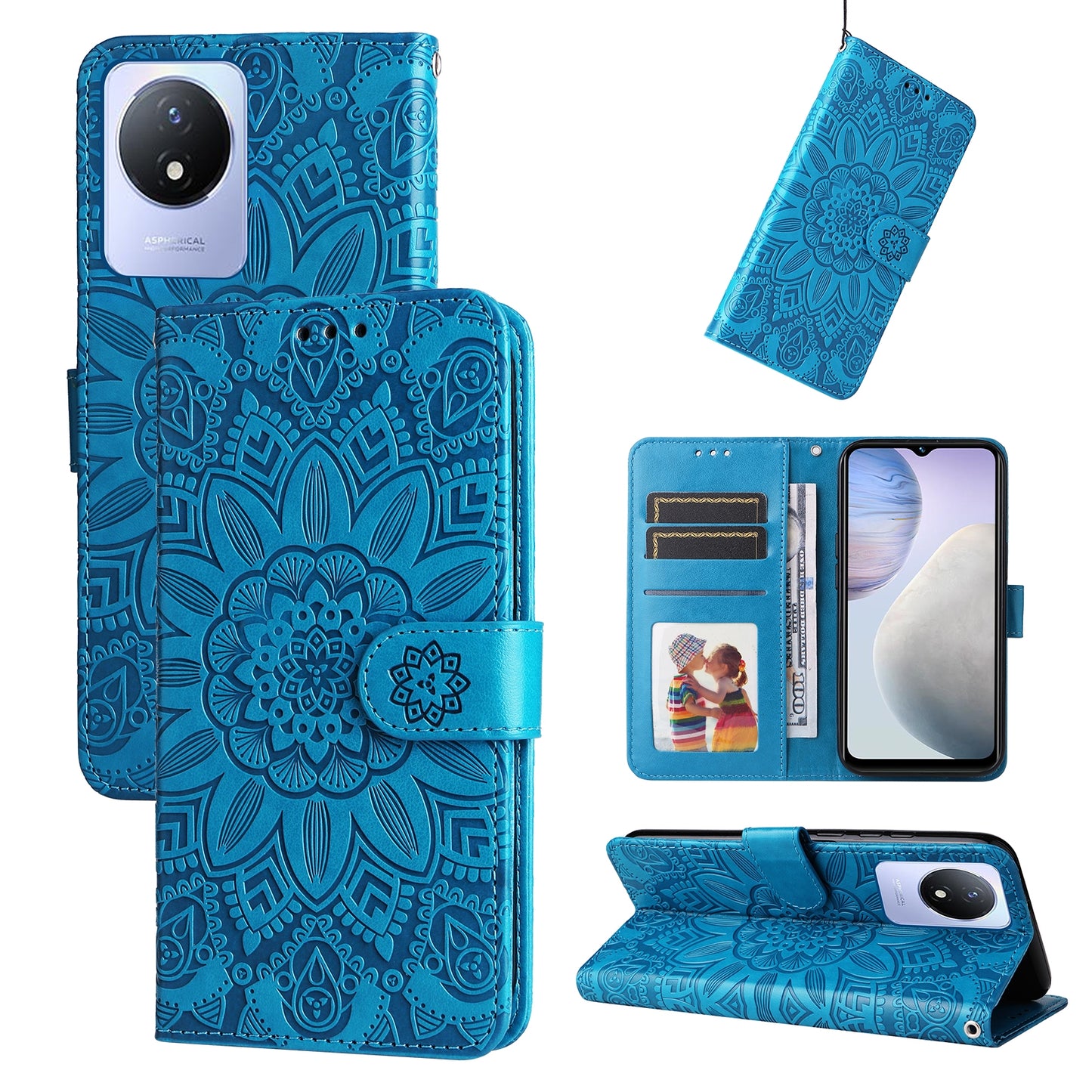 vivo Y02 4G Sunflower Embossed Leather Wallet Phone Case with Kickstand and Card Holder