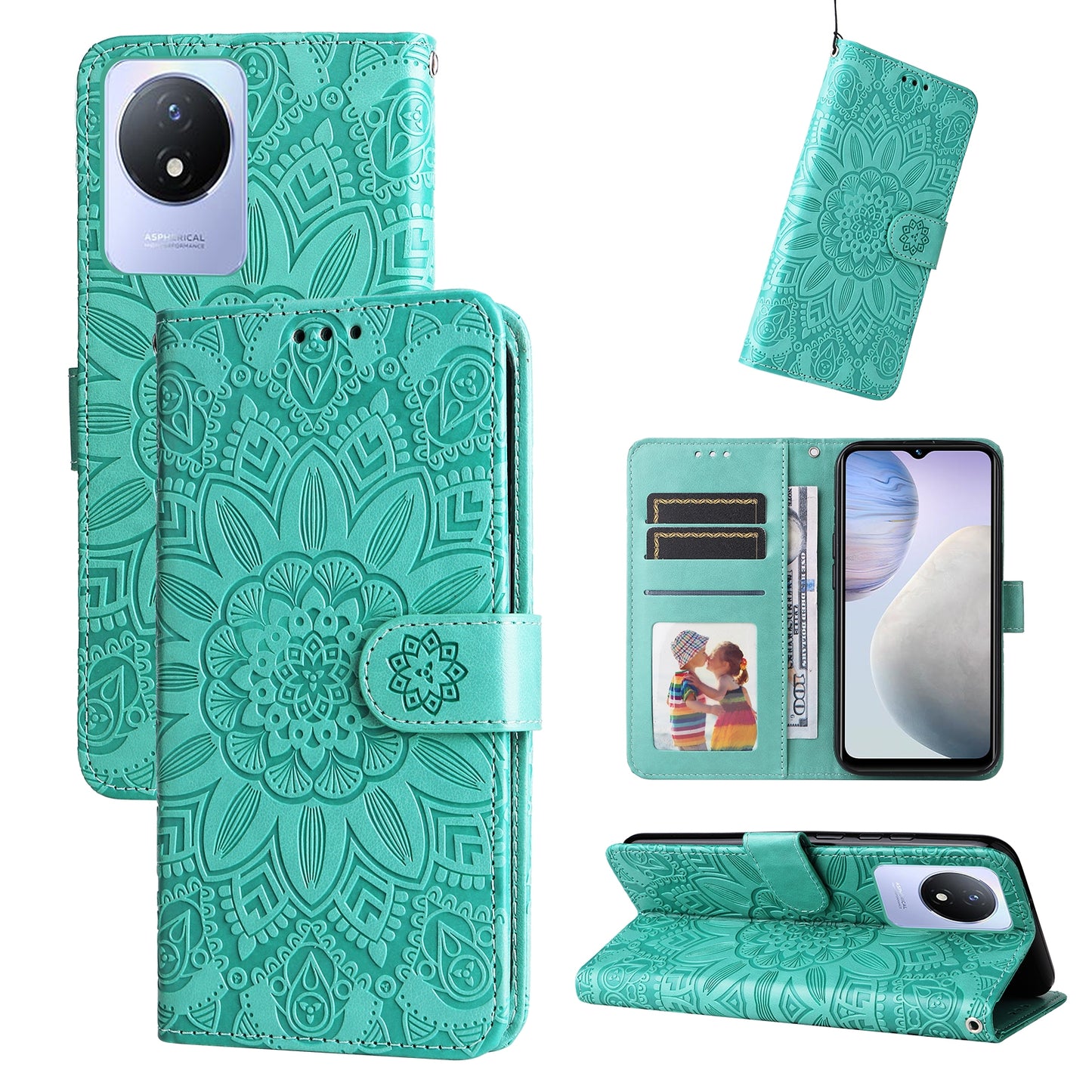 vivo Y02 4G Sunflower Embossed Leather Wallet Phone Case with Kickstand and Card Holder