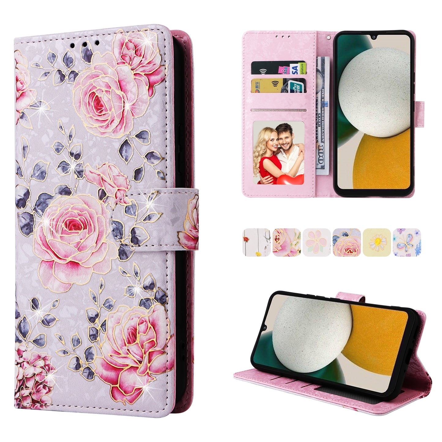 Samsung Galaxy A34 5G Luxury Bronzing Leather Case - Floral RFID Wallet Cover with Stand & Card Slots