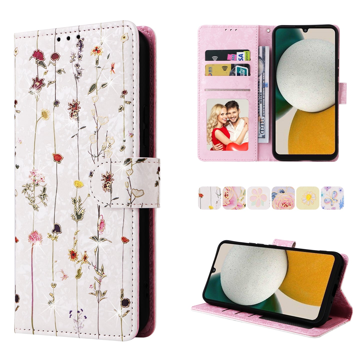 Samsung Galaxy A34 5G Luxury Bronzing Leather Case - Floral RFID Wallet Cover with Stand & Card Slots