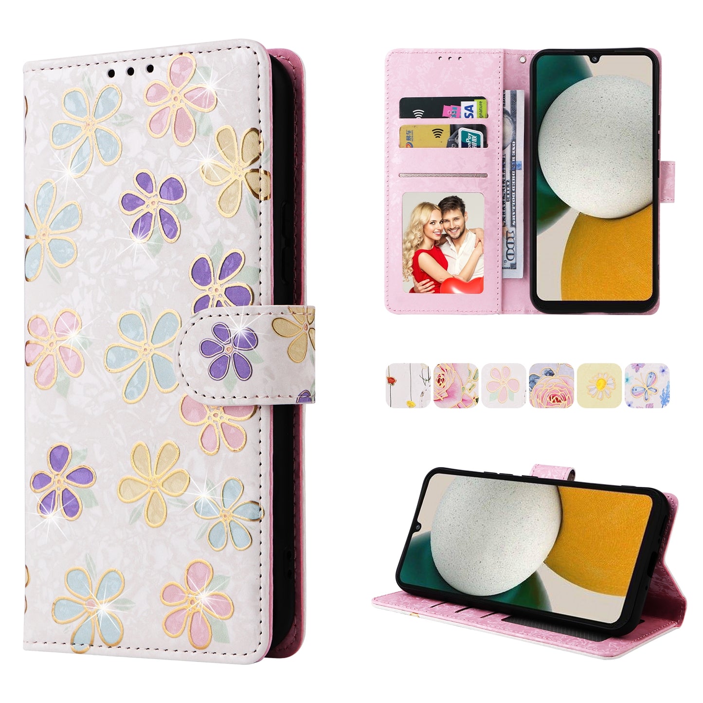 Samsung Galaxy A34 5G Luxury Bronzing Leather Case - Floral RFID Wallet Cover with Stand & Card Slots