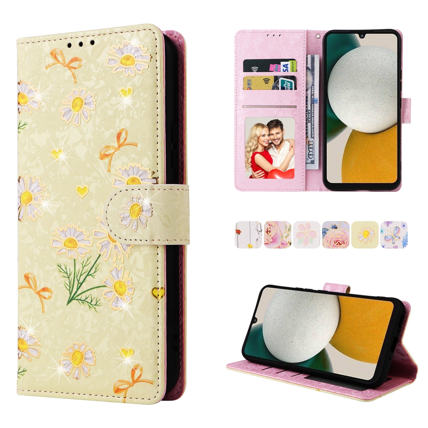 Samsung Galaxy A34 5G Luxury Bronzing Leather Case - Floral RFID Wallet Cover with Stand & Card Slots