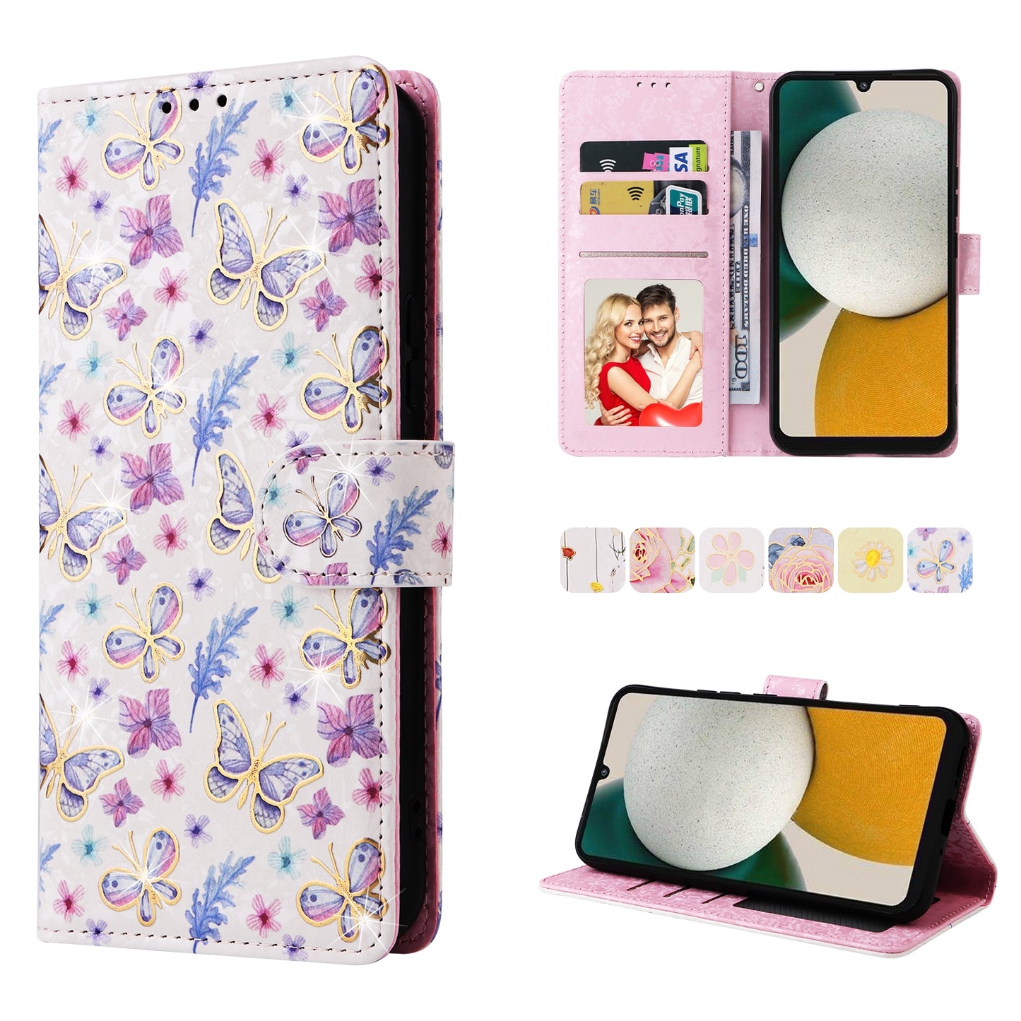 Samsung Galaxy A34 5G Luxury Bronzing Leather Case - Floral RFID Wallet Cover with Stand & Card Slots