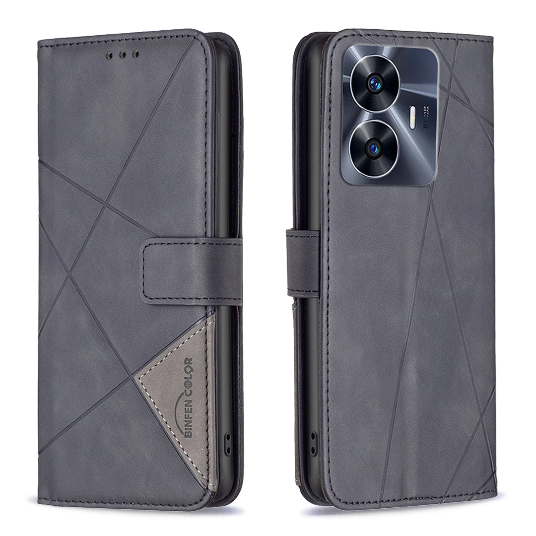 Realme C55 Rhombus Texture Leather Phone Case with Magnetic Buckle and Card Holder
