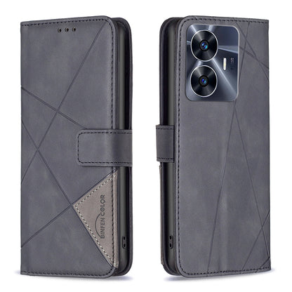 Realme C55 Rhombus Texture Leather Phone Case with Magnetic Buckle and Card Holder