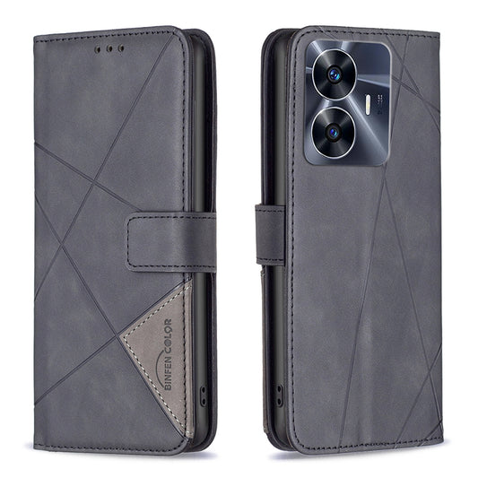 Realme C55 Rhombus Texture Leather Phone Case with Magnetic Buckle and Card Holder
