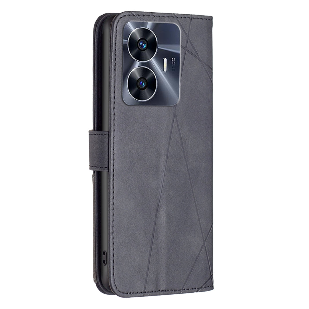 Realme C55 Rhombus Texture Leather Phone Case with Magnetic Buckle and Card Holder