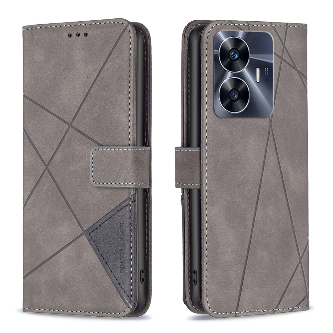 Realme C55 Rhombus Texture Leather Phone Case with Magnetic Buckle and Card Holder